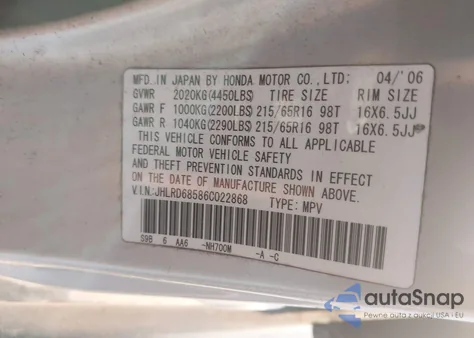 2006 Honda Cr-V Lx from USA, damaged, VIN JHLRD68586C022868